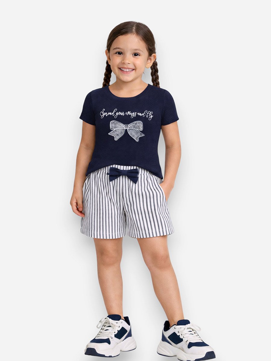 Girls Bow Print T-Shirt and Striped Shorts Set