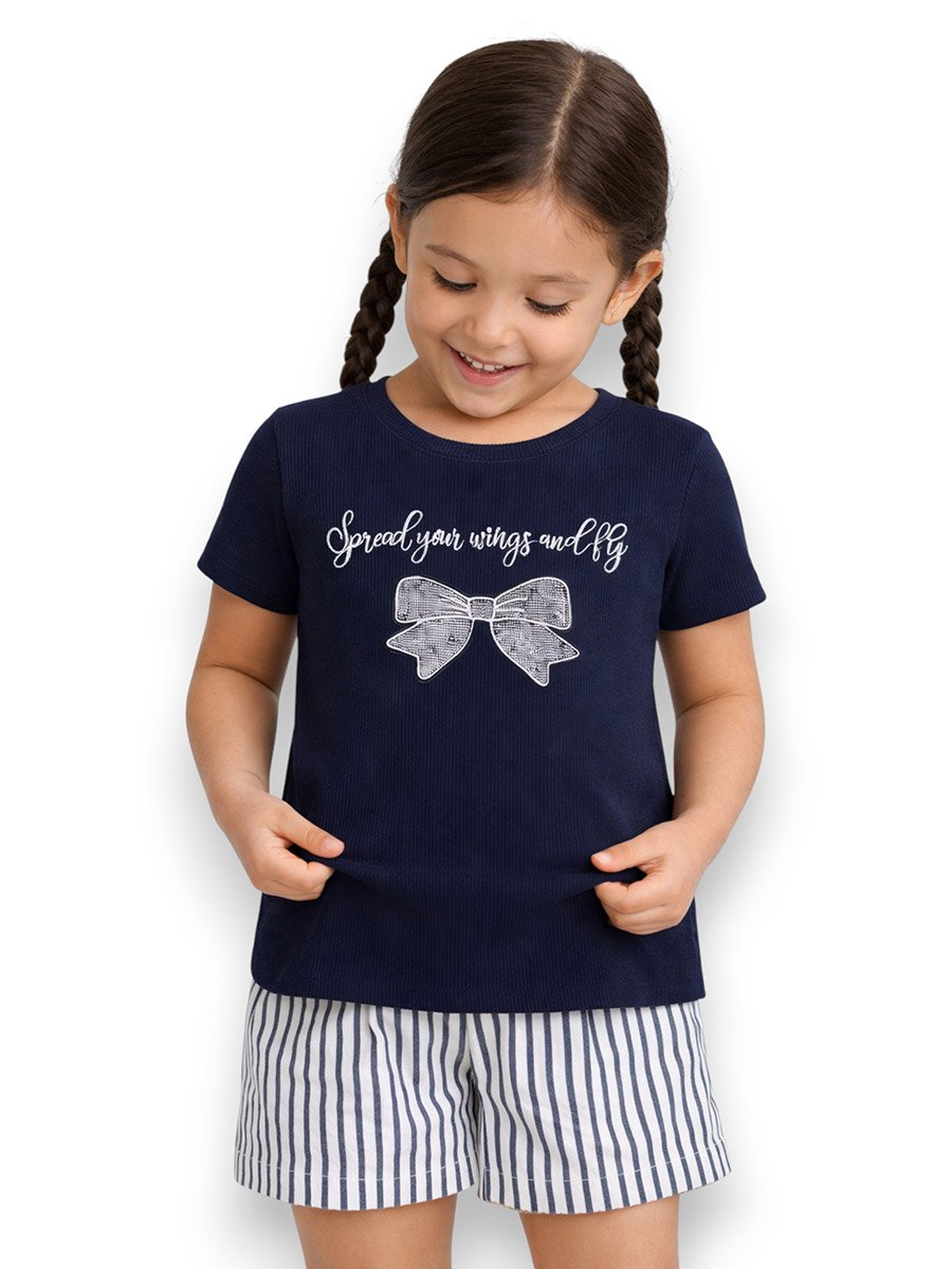 Girls Bow Print T-Shirt and Striped Shorts Set