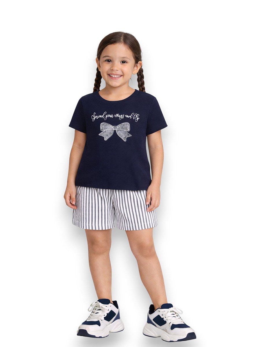 Girls Bow Print T-Shirt and Striped Shorts Set