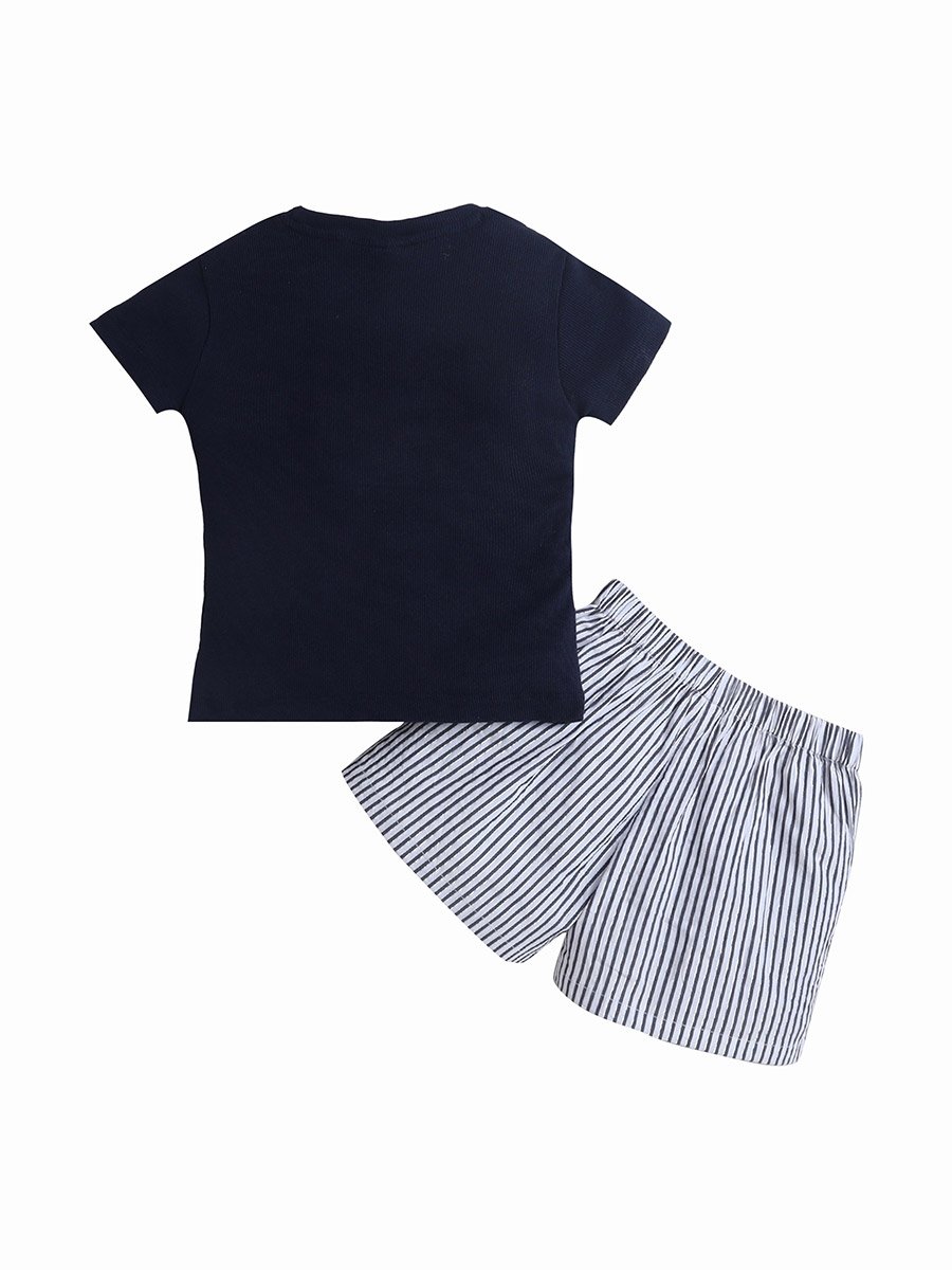 Girls Bow Print T-Shirt and Striped Shorts Set