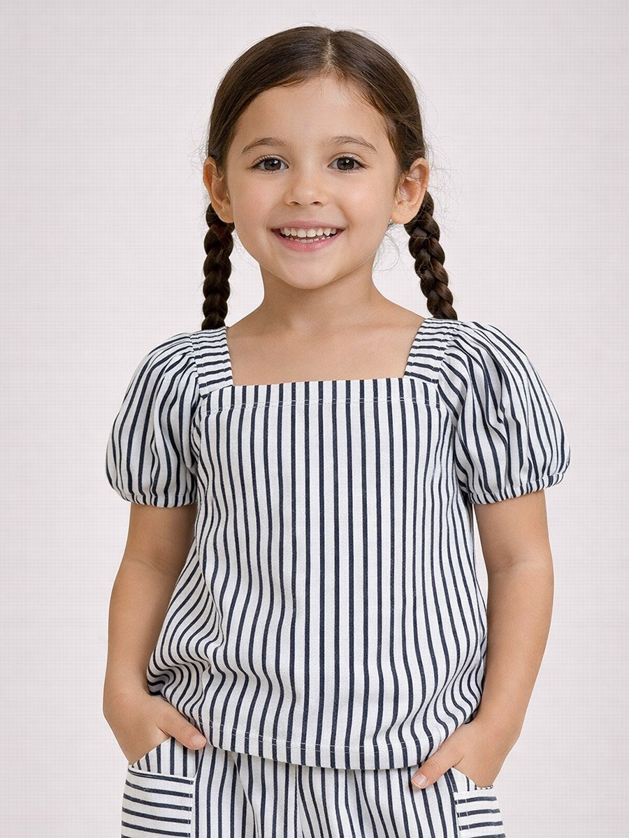 Girls Striped Puff Sleeve Top and Wide Leg Pants Set