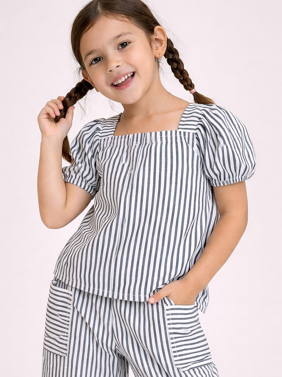 Girls Striped Puff Sleeve Top and Wide Leg Pants Set