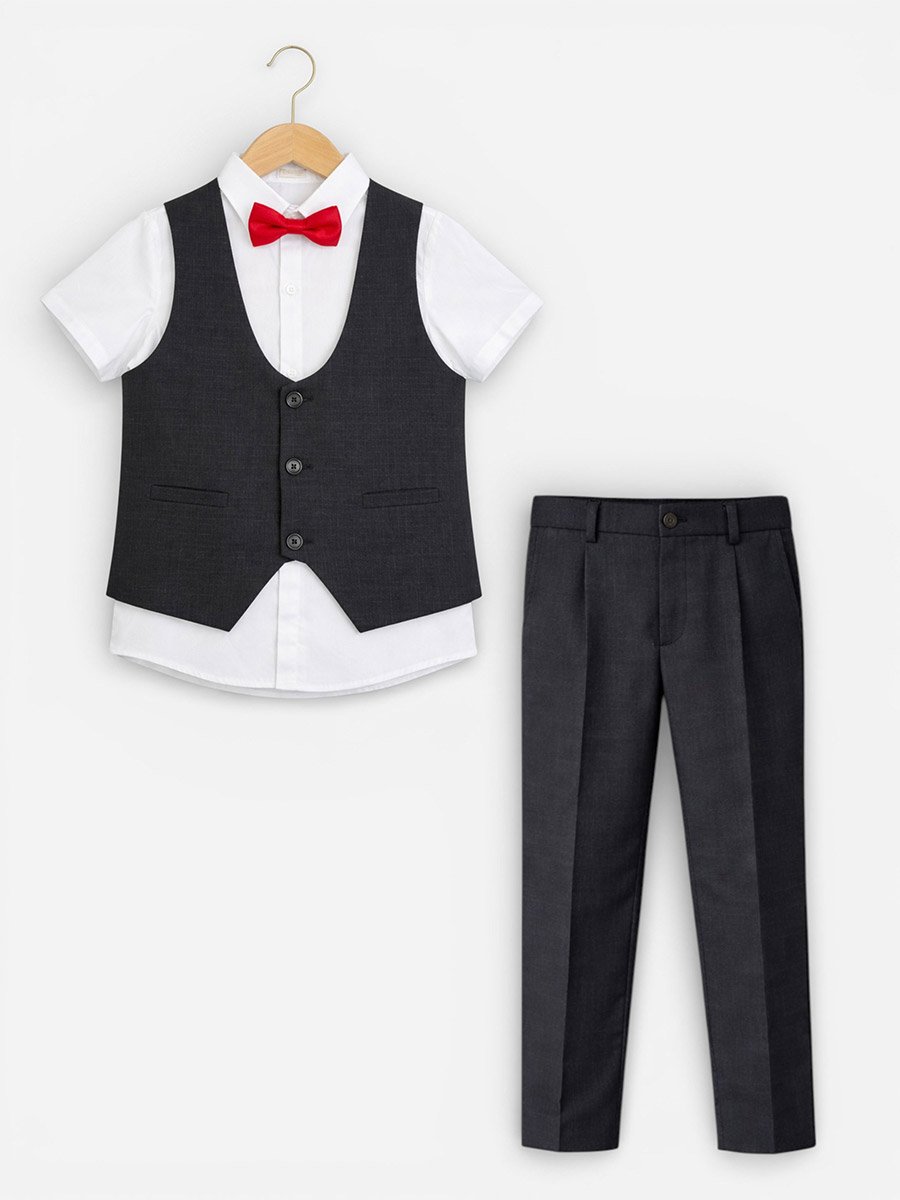 Boys 4-Piece Waistcoat, Shirt, Trousers and Bow Tie Set