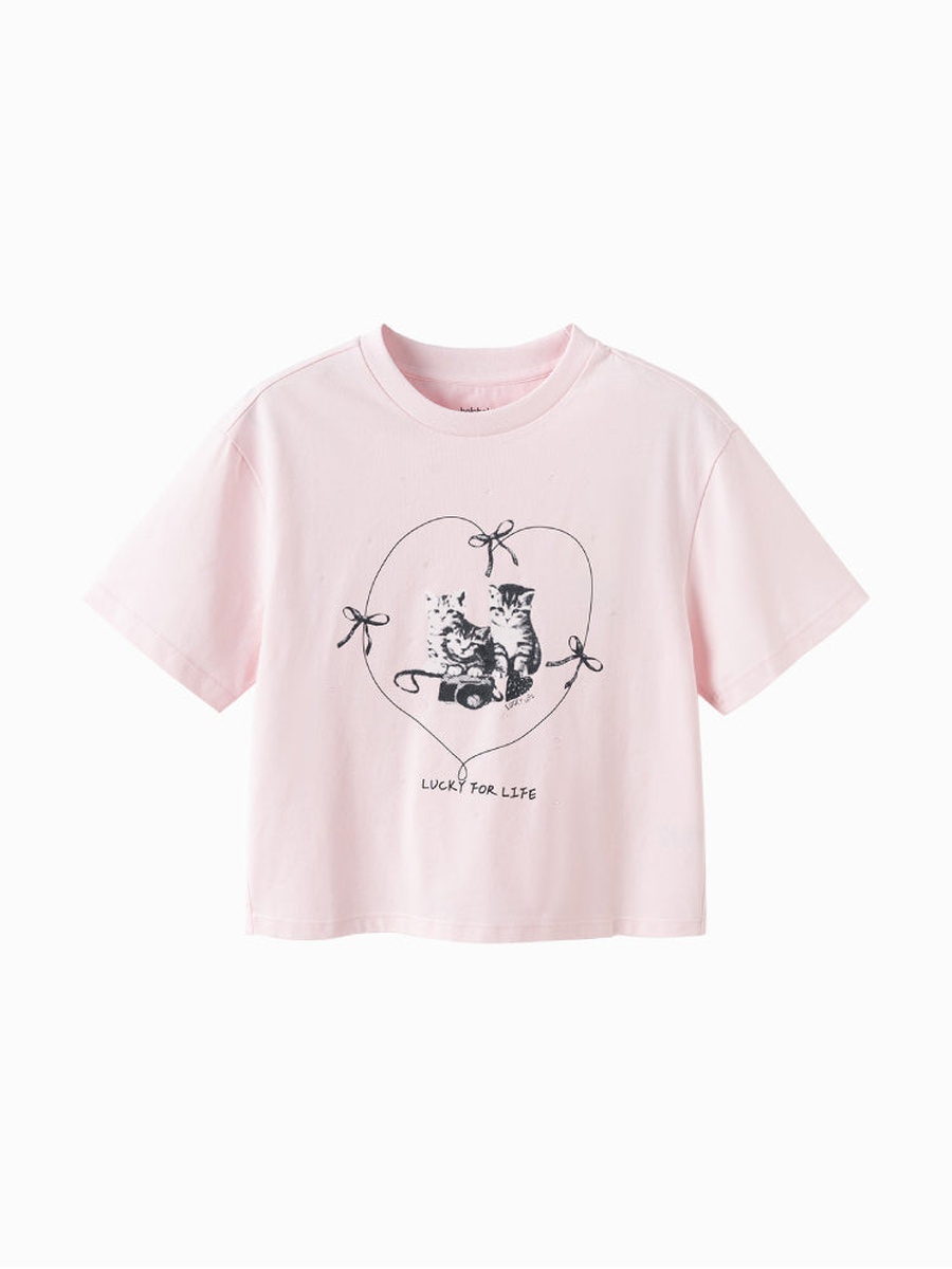 Girls Cat Graphic Print Short Sleeves T-Shirt