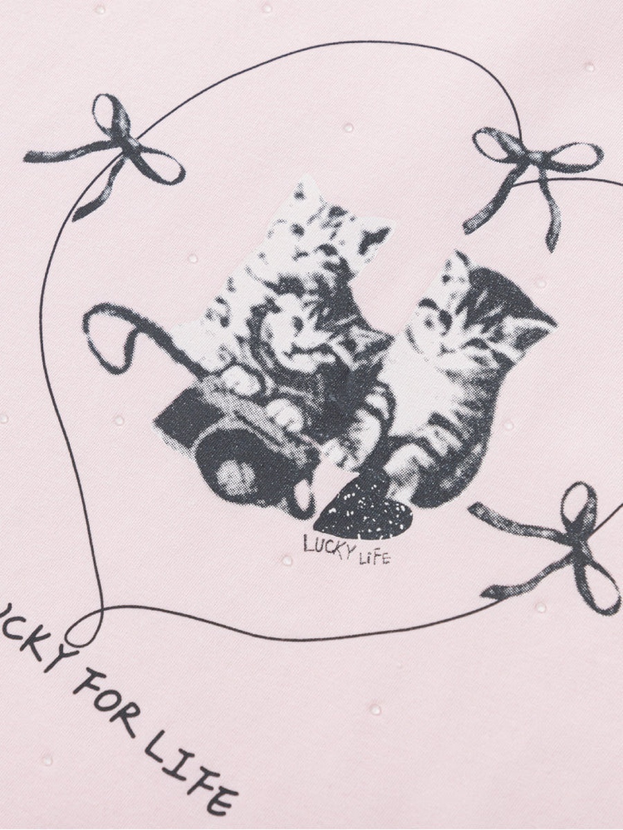 Girls Cat Graphic Print Short Sleeves T-Shirt