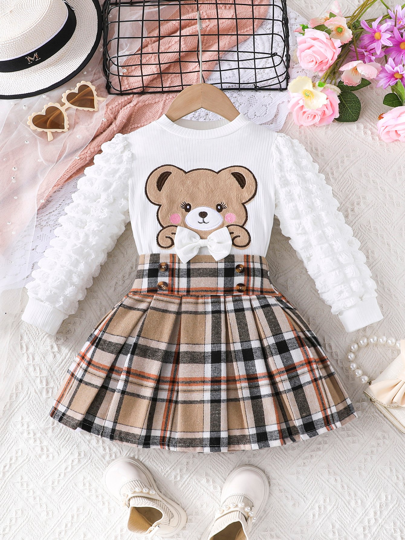 Girls Teddy Bear Graphic Ribbed T-shirt and Plaid Pleated Skirt Set