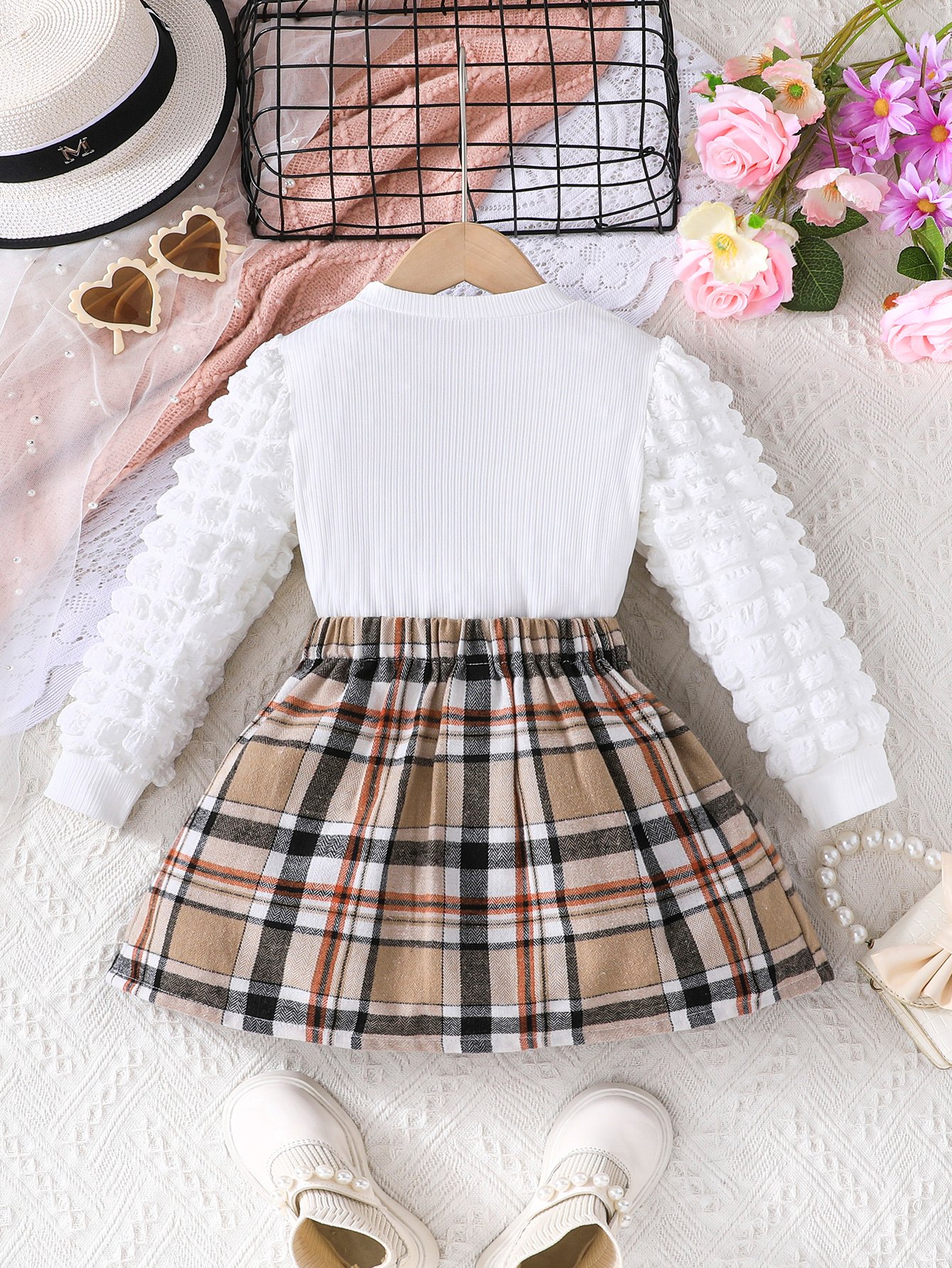 Girls Teddy Bear Graphic Ribbed T-shirt and Plaid Pleated Skirt Set