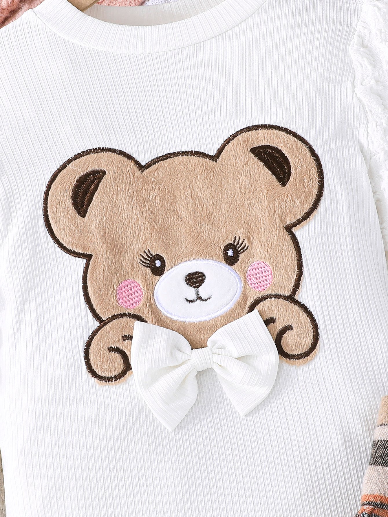 Girls Teddy Bear Graphic Ribbed T-shirt and Plaid Pleated Skirt Set