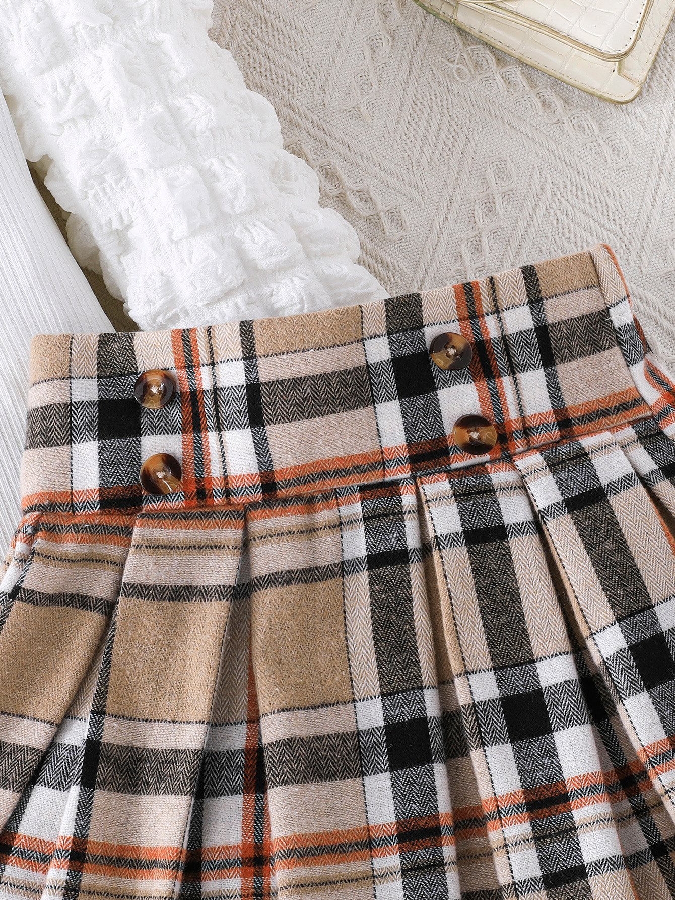 Girls Teddy Bear Graphic Ribbed T-shirt and Plaid Pleated Skirt Set