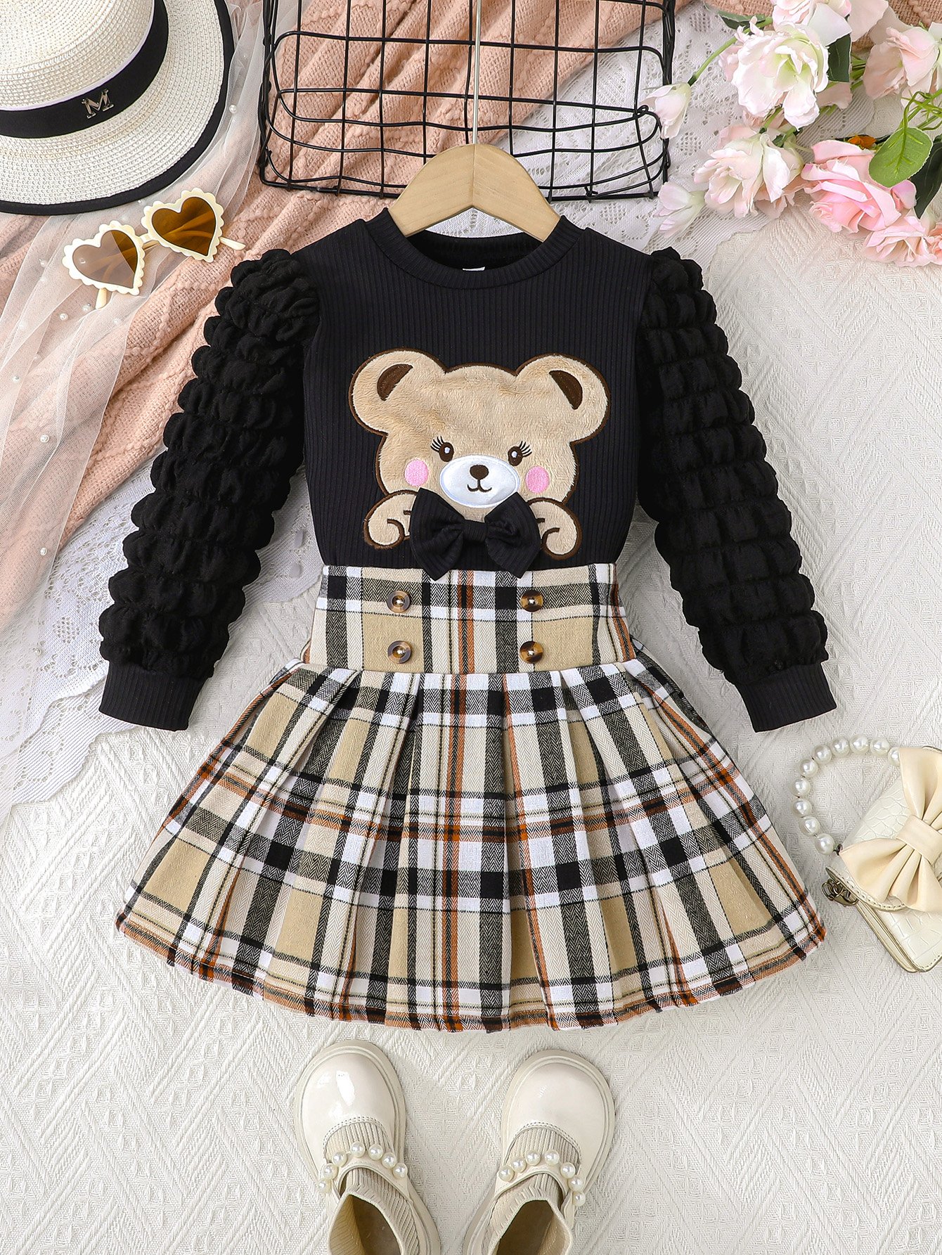 Girls Bear Graphic Ribbed T-Shirt and Plaid Pleated Skirt Set