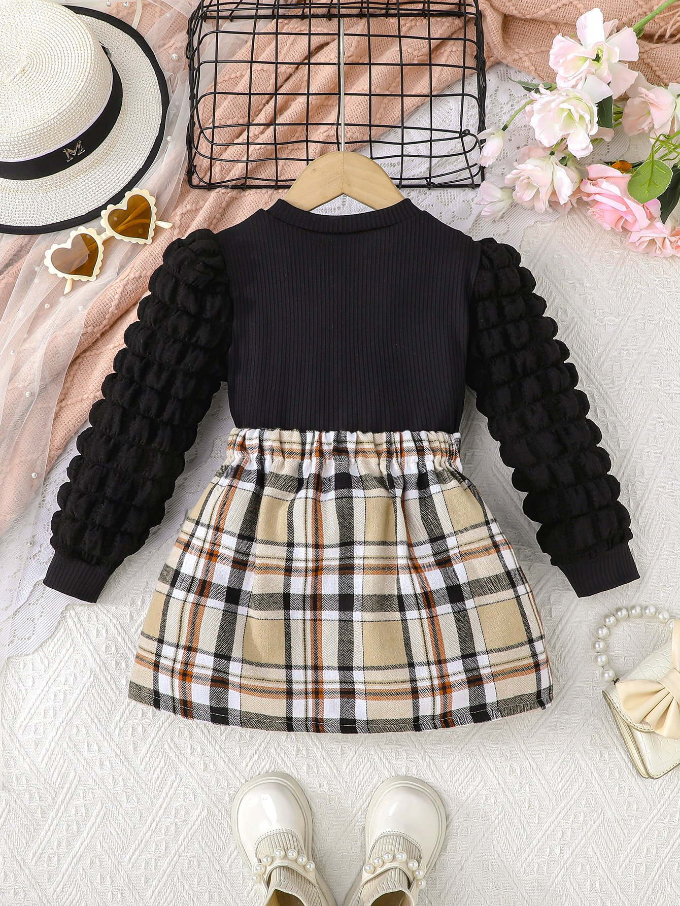 Girls Bear Graphic Ribbed T-Shirt and Plaid Pleated Skirt Set