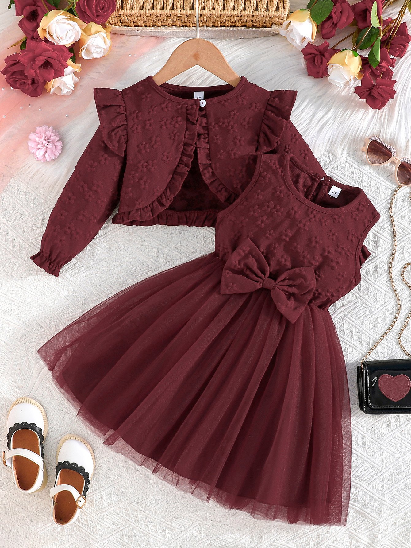 Girls Burgundy Floral Dress and Bolero Set