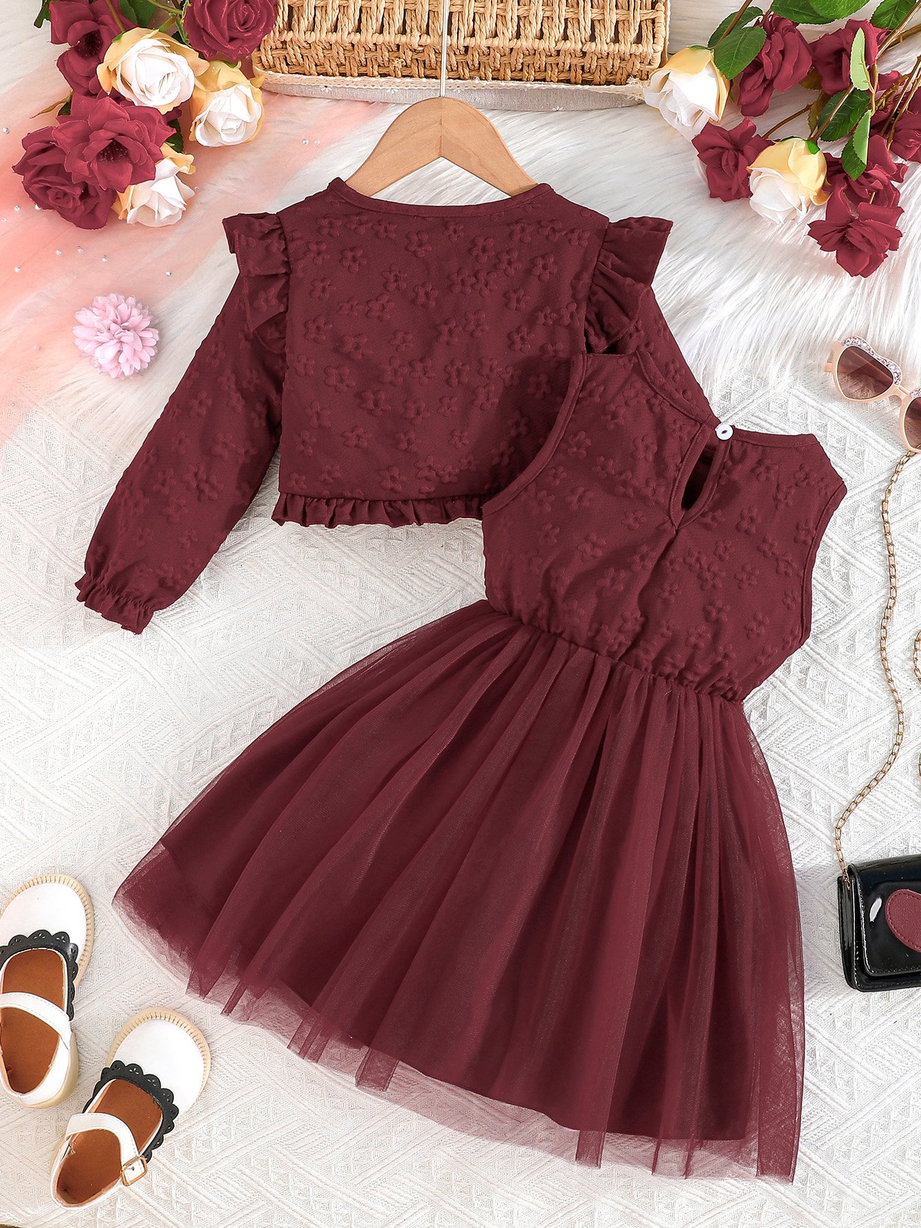 Girls Burgundy Floral Dress and Bolero Set
