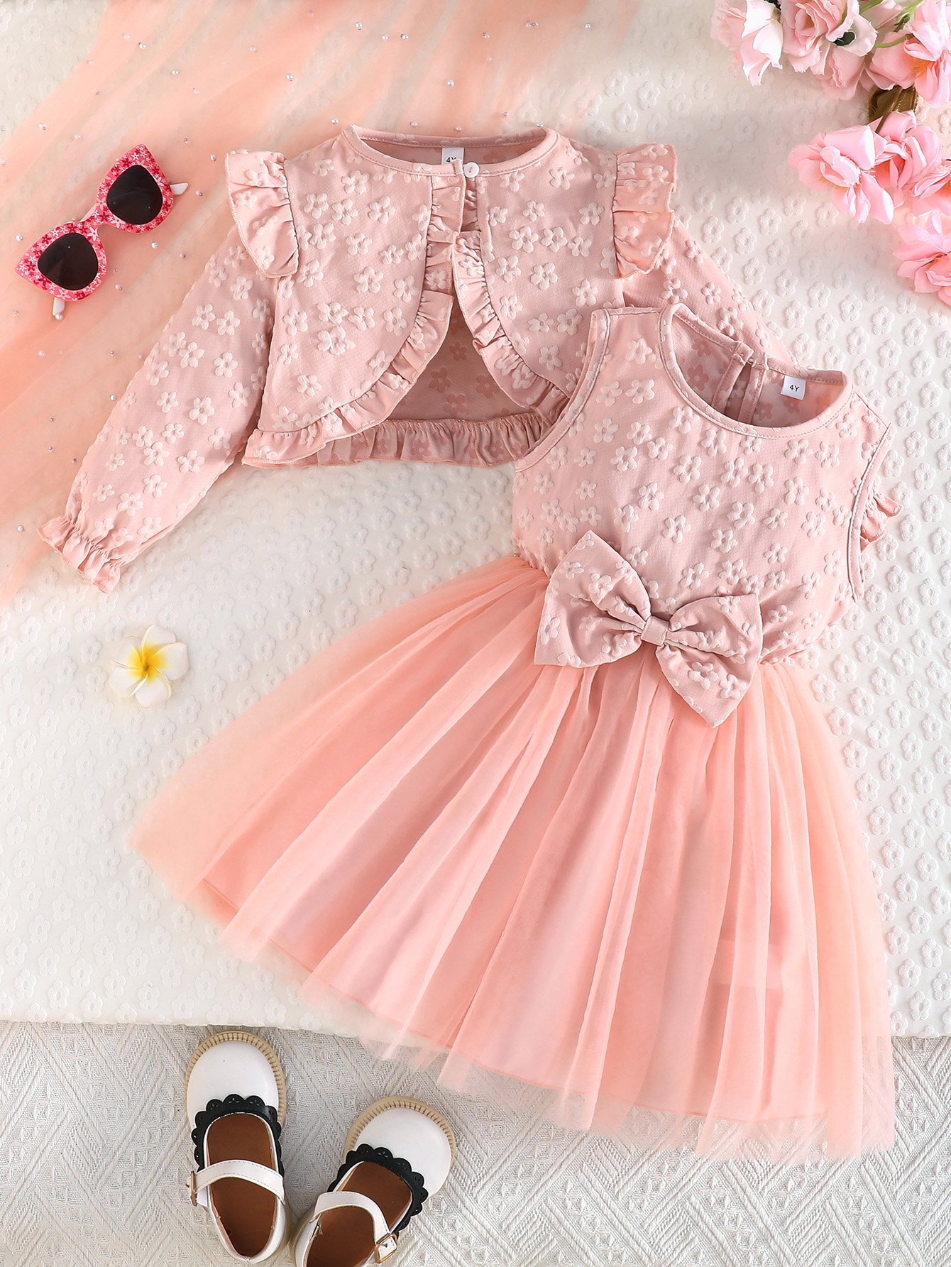 Girls Pink Floral Knit Dress and Bolero Set