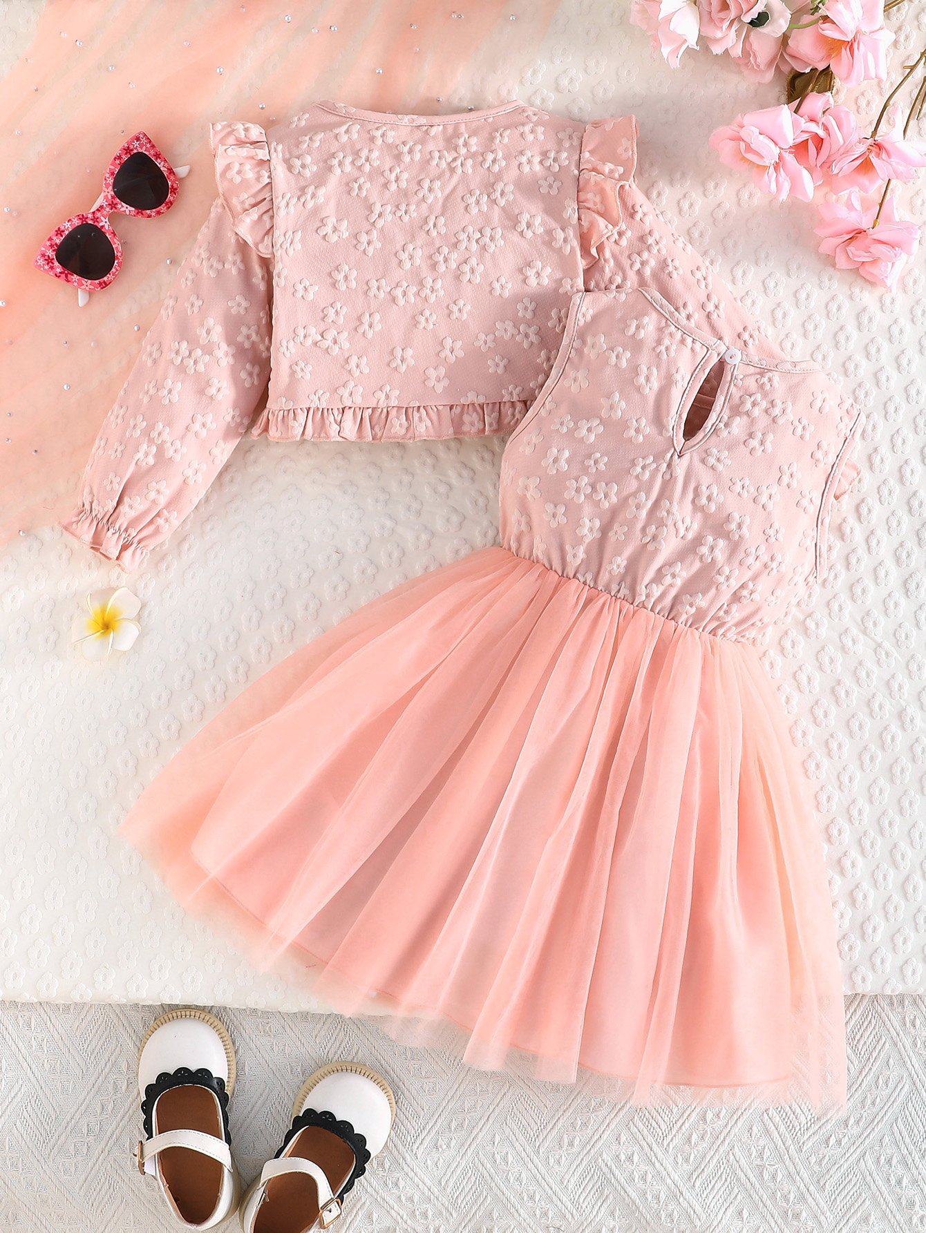 Girls Pink Floral Knit Dress and Bolero Set
