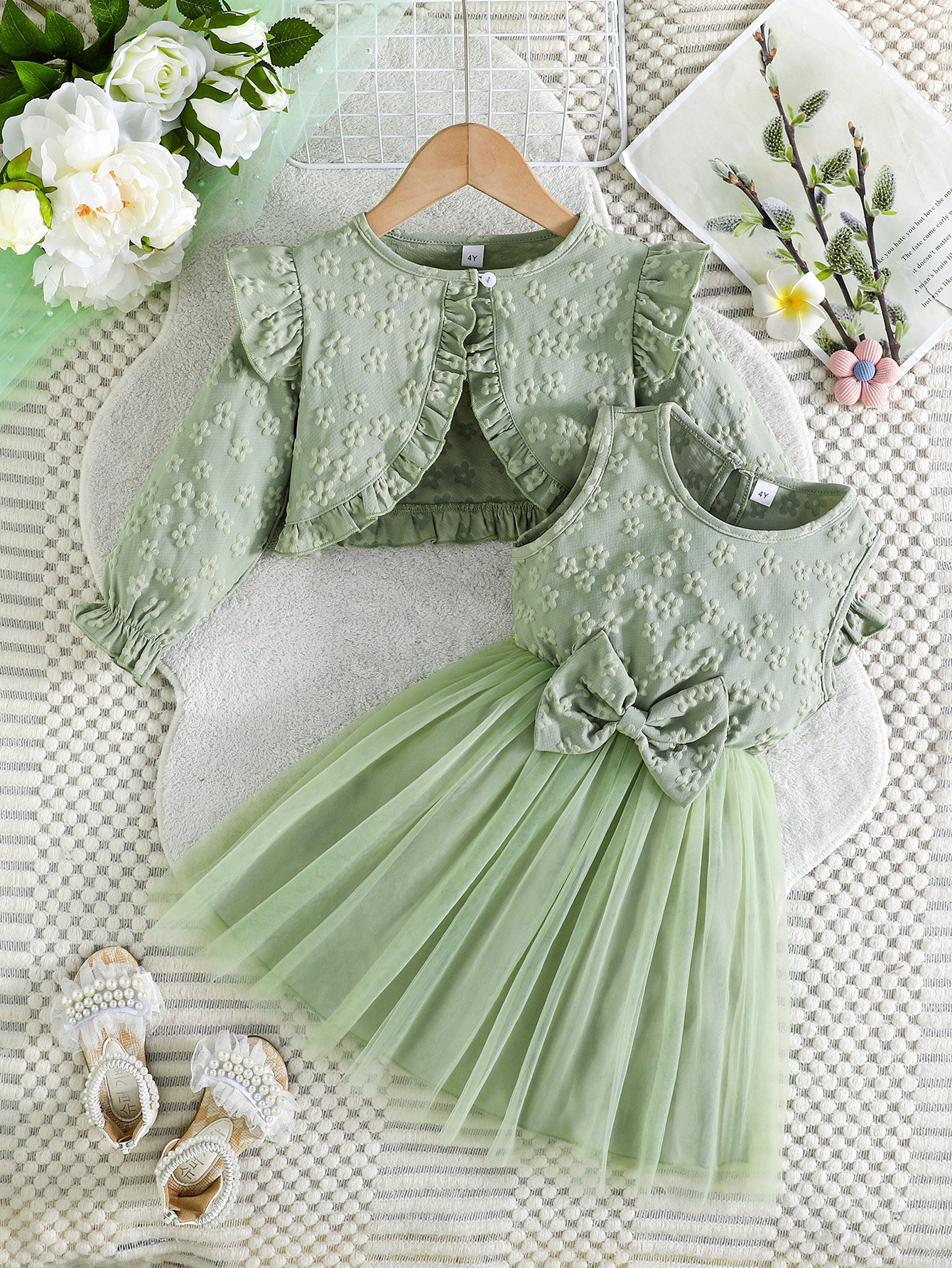 Girls Green Floral Dress and Bolero Cardigan Set
