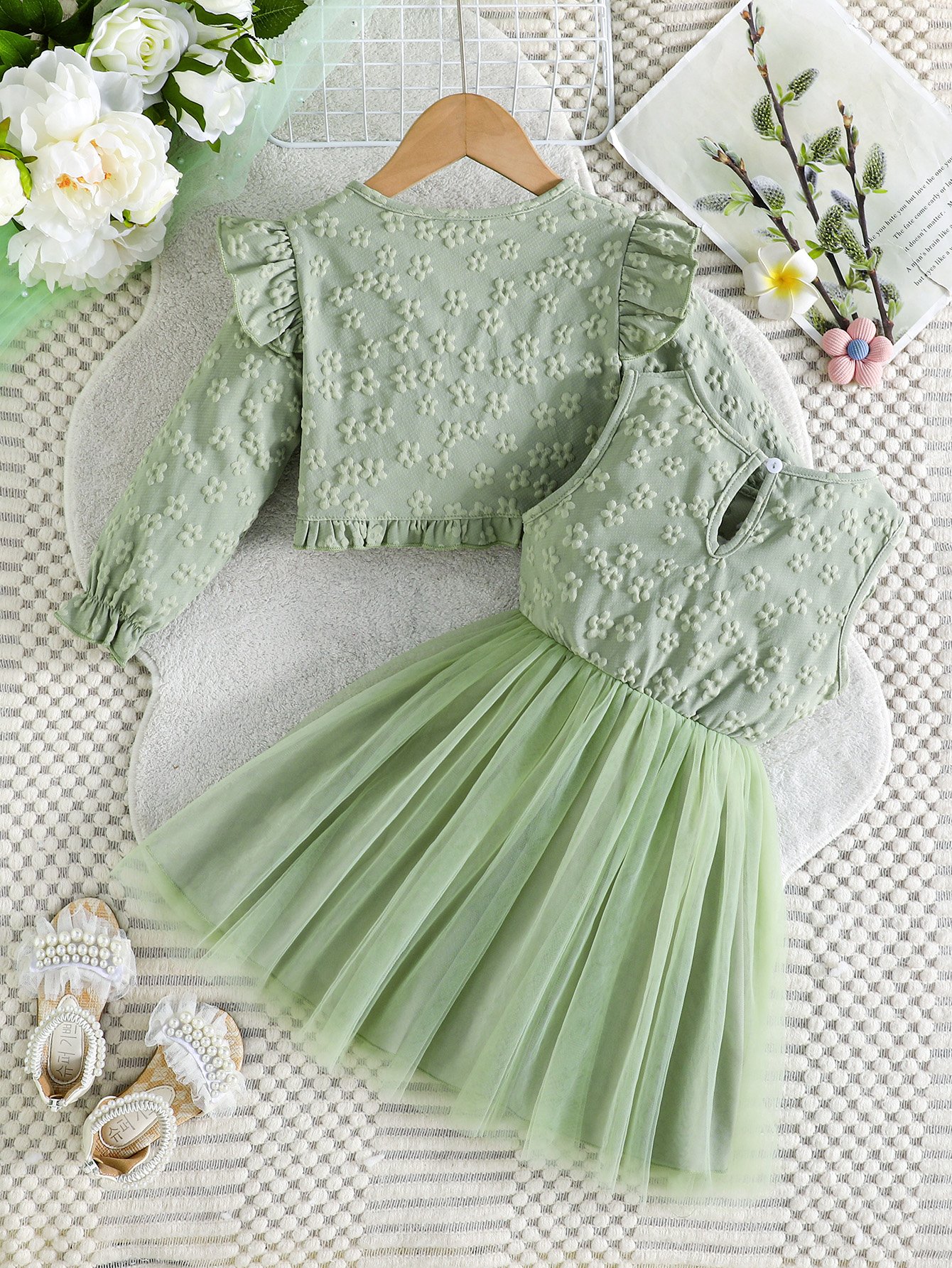 Girls Green Floral Dress and Bolero Cardigan Set