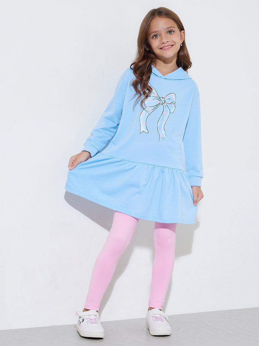 Girls Blue Bow print Hoodie Dress and Pink Solid Leggings Set