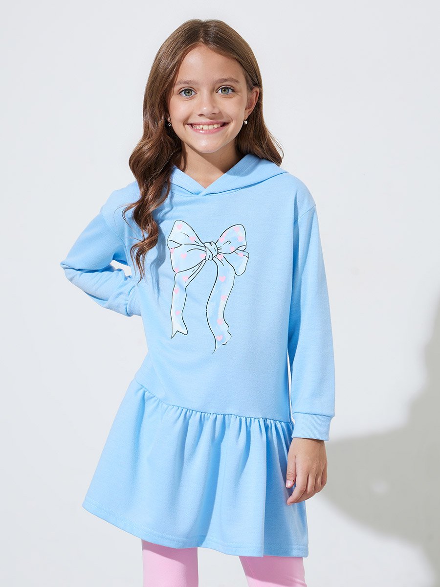 Girls Blue Bow print Hoodie Dress and Pink Solid Leggings Set