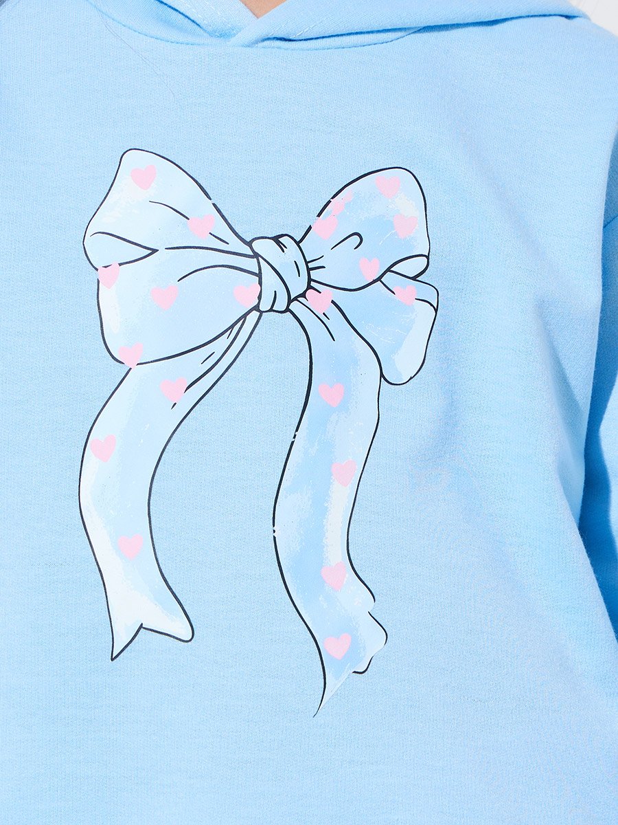 Girls Blue Bow print Hoodie Dress and Pink Solid Leggings Set