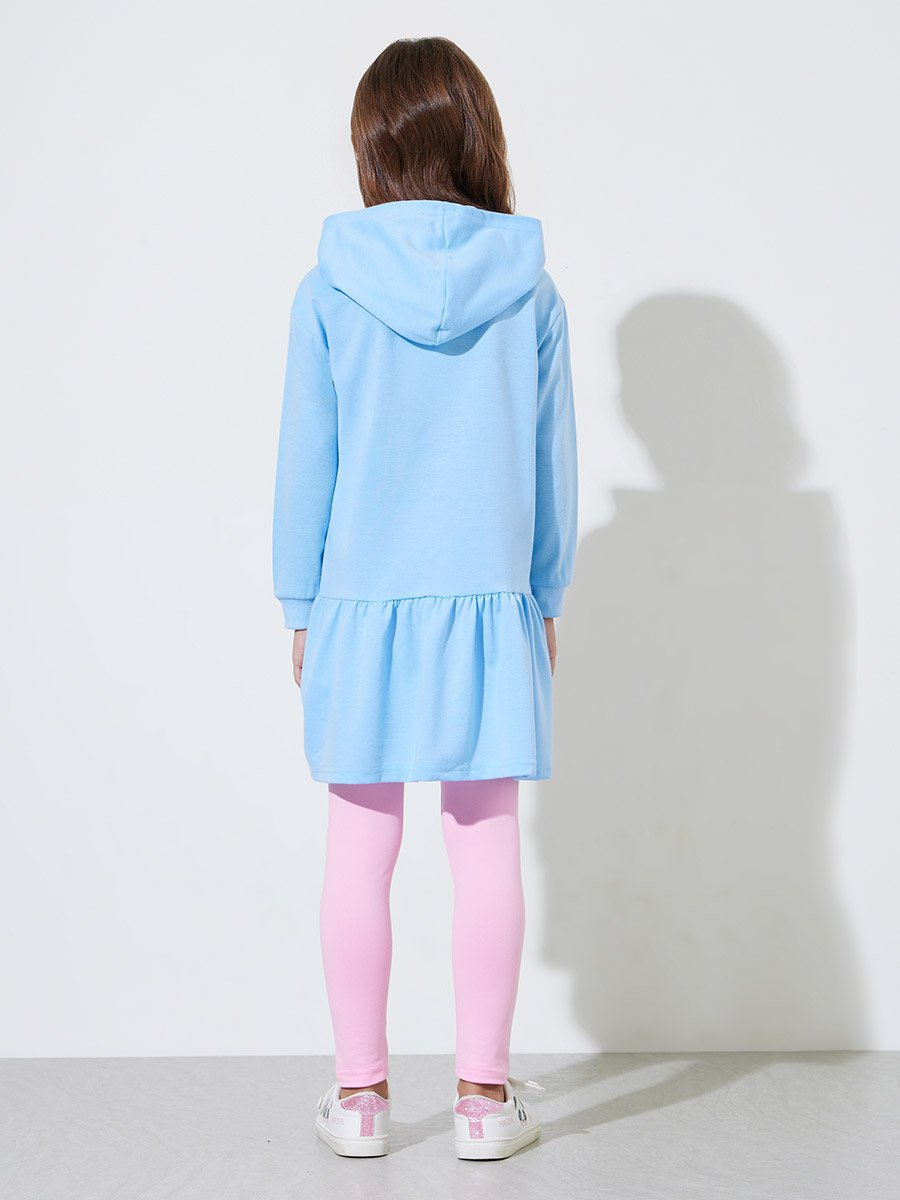 Girls Blue Bow print Hoodie Dress and Pink Solid Leggings Set