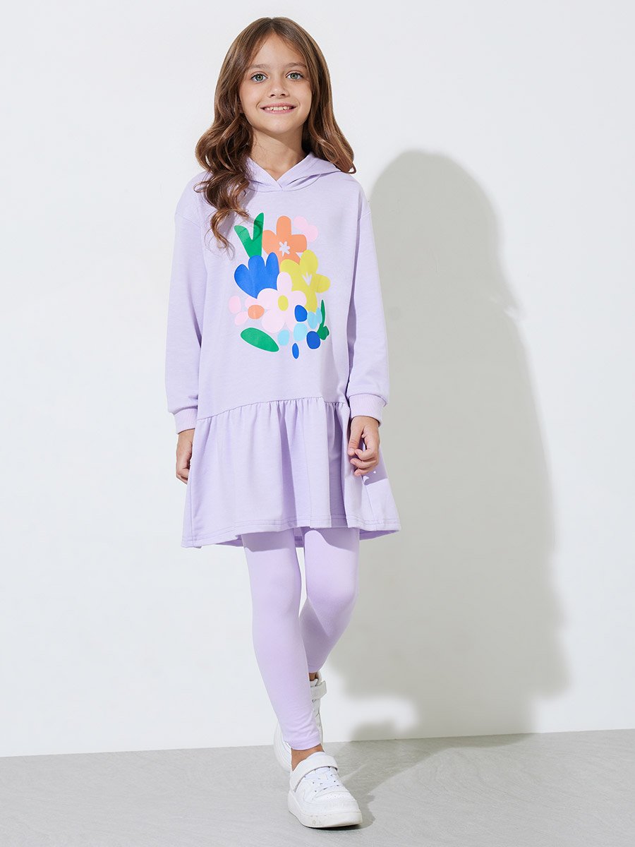 Girls Lilac Floral Print Hoodie Dress and Leggings Set