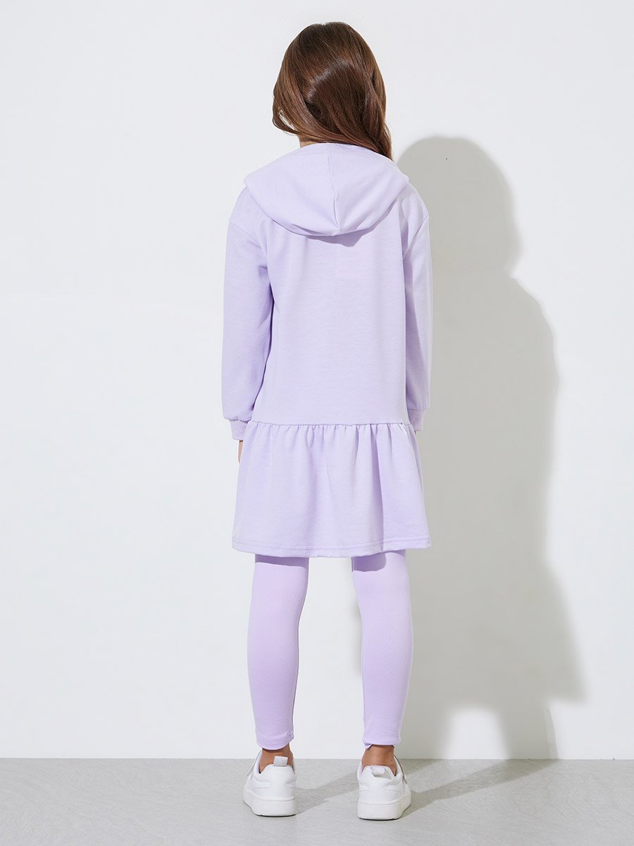 Girls Lilac Floral Print Hoodie Dress and Leggings Set