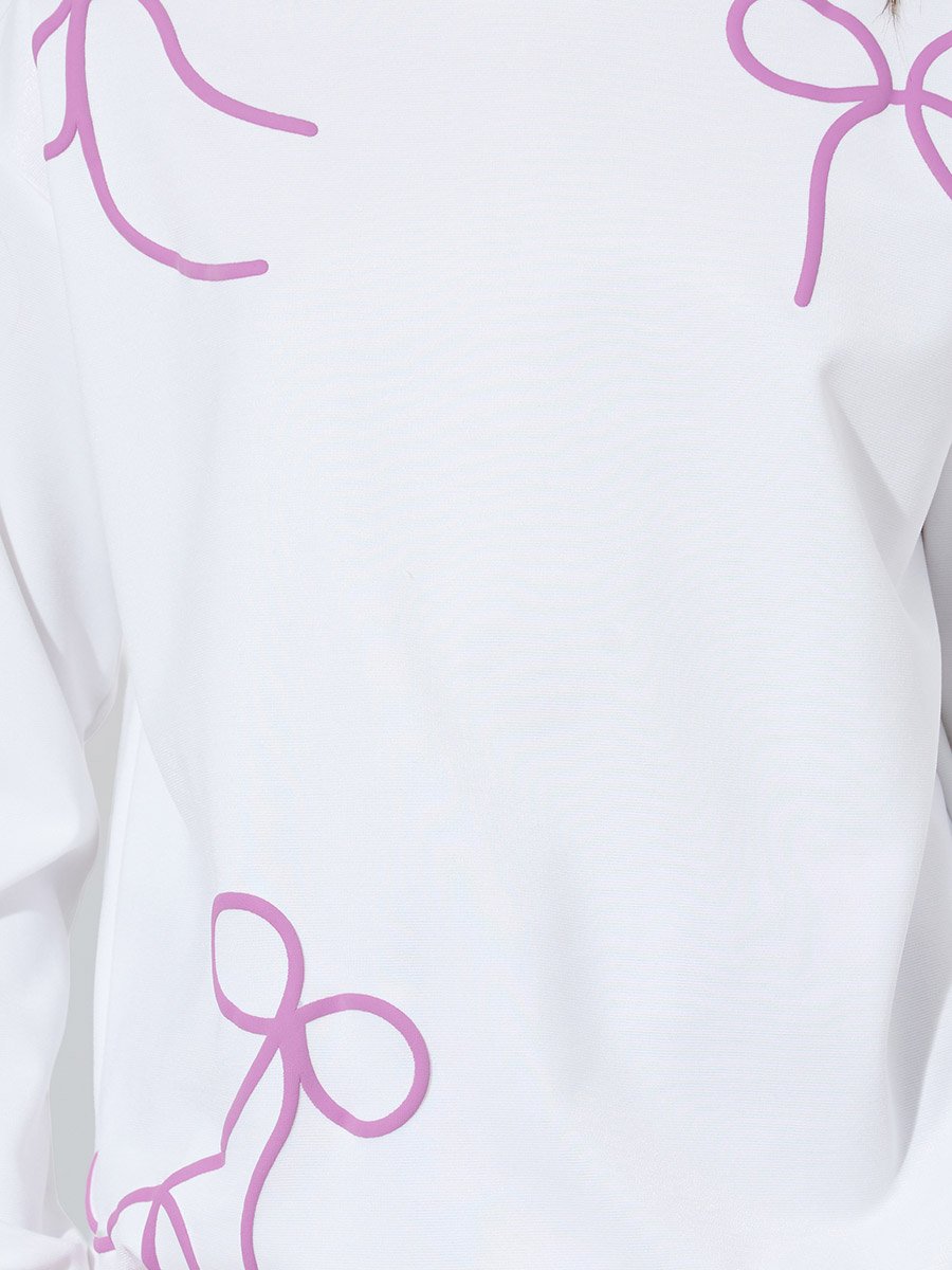 Teen Girls Off White Bow Print Sweatshirt and Purple Pintuck Straight Leg Pants Set