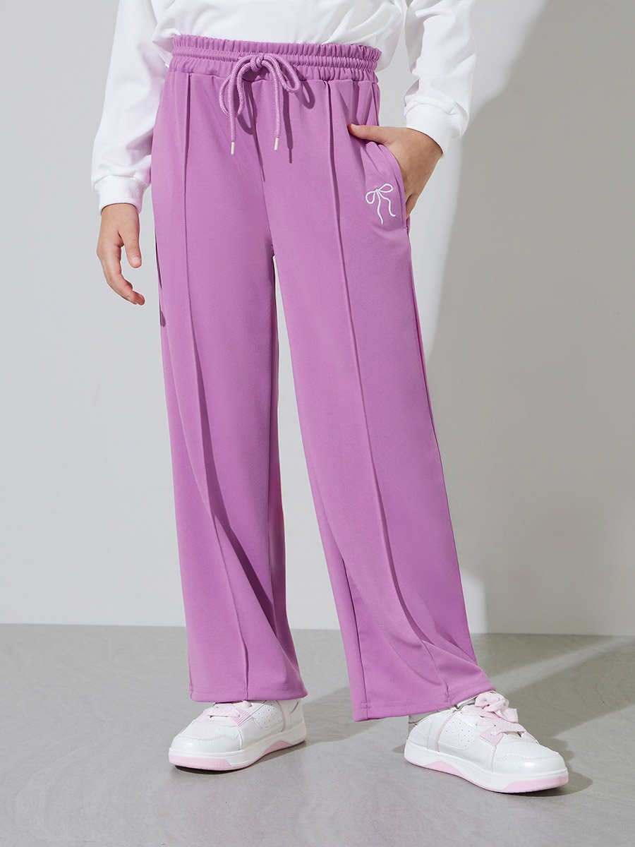 Teen Girls Off White Bow Print Sweatshirt and Purple Pintuck Straight Leg Pants Set