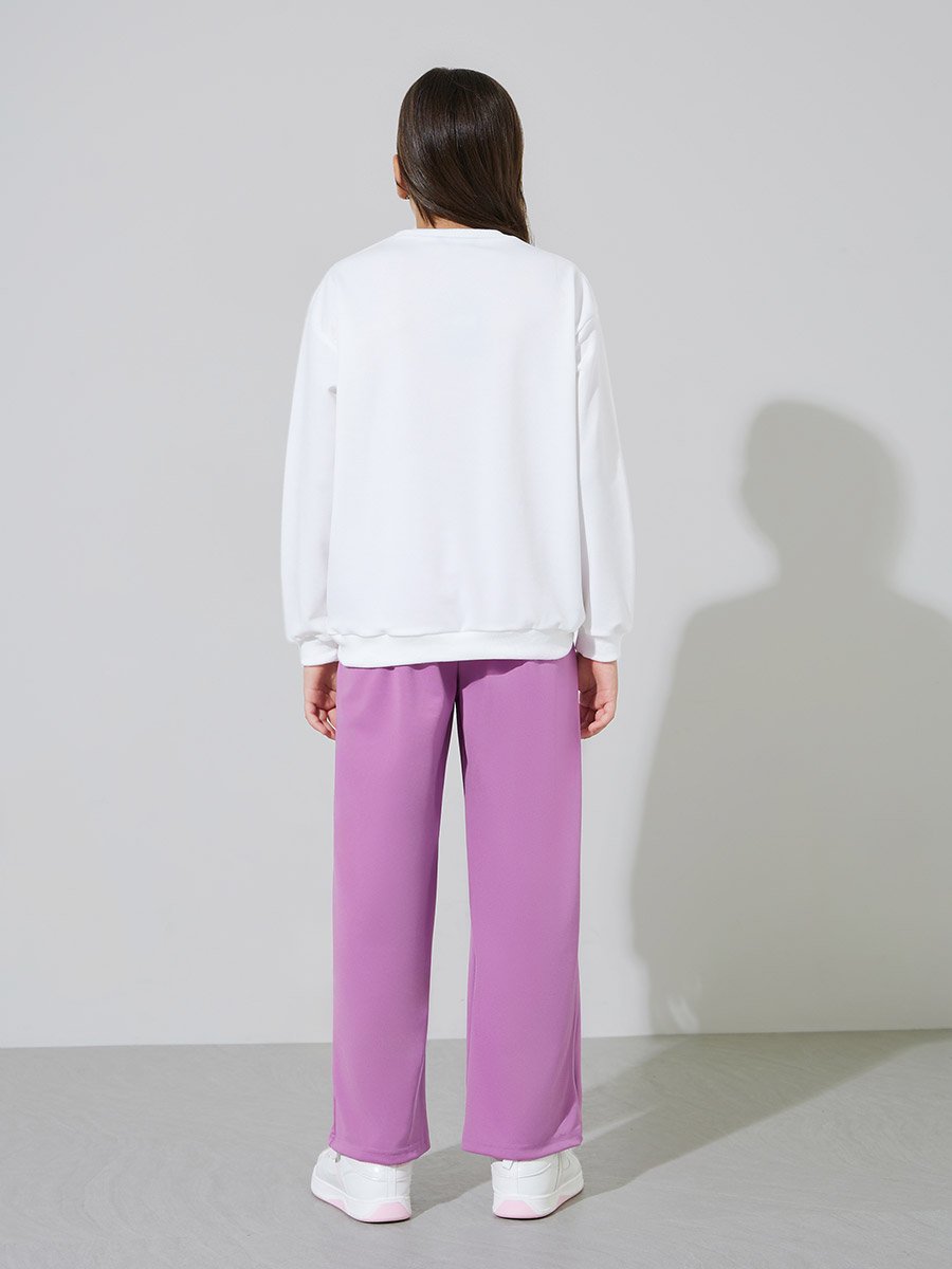Teen Girls Off White Bow Print Sweatshirt and Purple Pintuck Straight Leg Pants Set