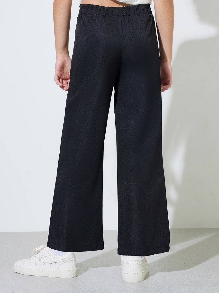 Teen Girls Black Solid Wide Leg Casual Trousers