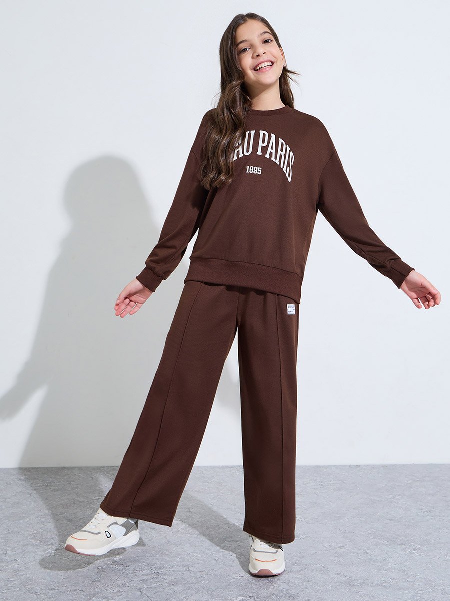 Teen Girls Brown Slogan Print Oversized Sweatshirt and Wide Leg Joggers Set