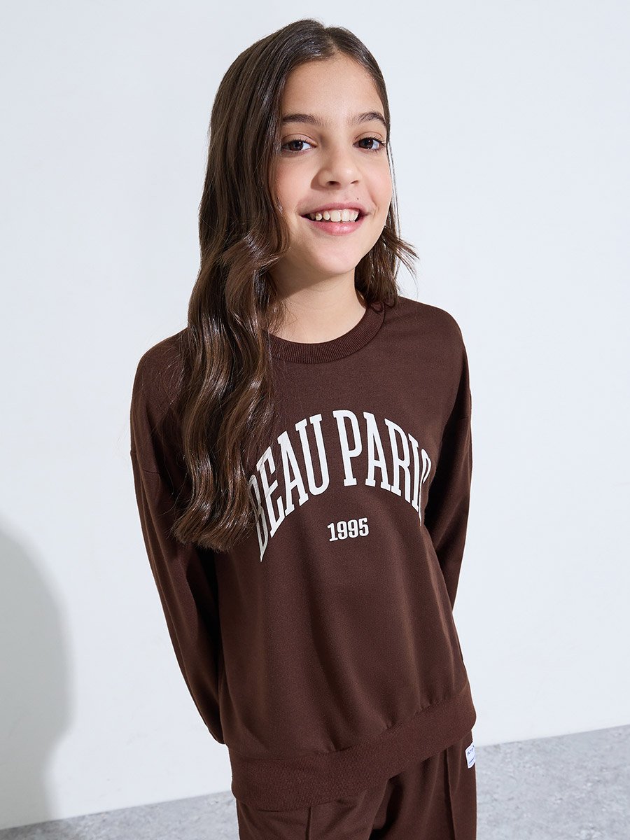 Teen Girls Brown Slogan Print Oversized Sweatshirt and Wide Leg Joggers Set