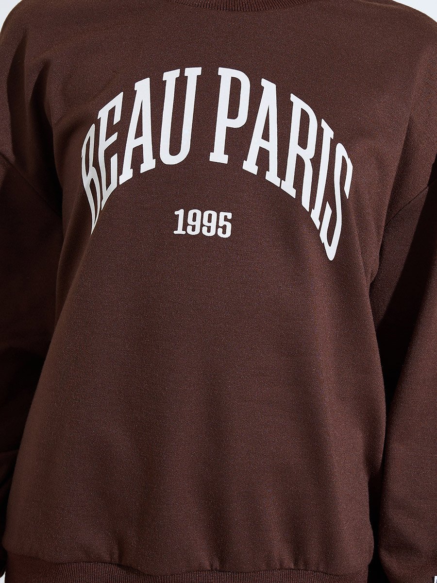 Teen Girls Brown Slogan Print Oversized Sweatshirt and Wide Leg Joggers Set