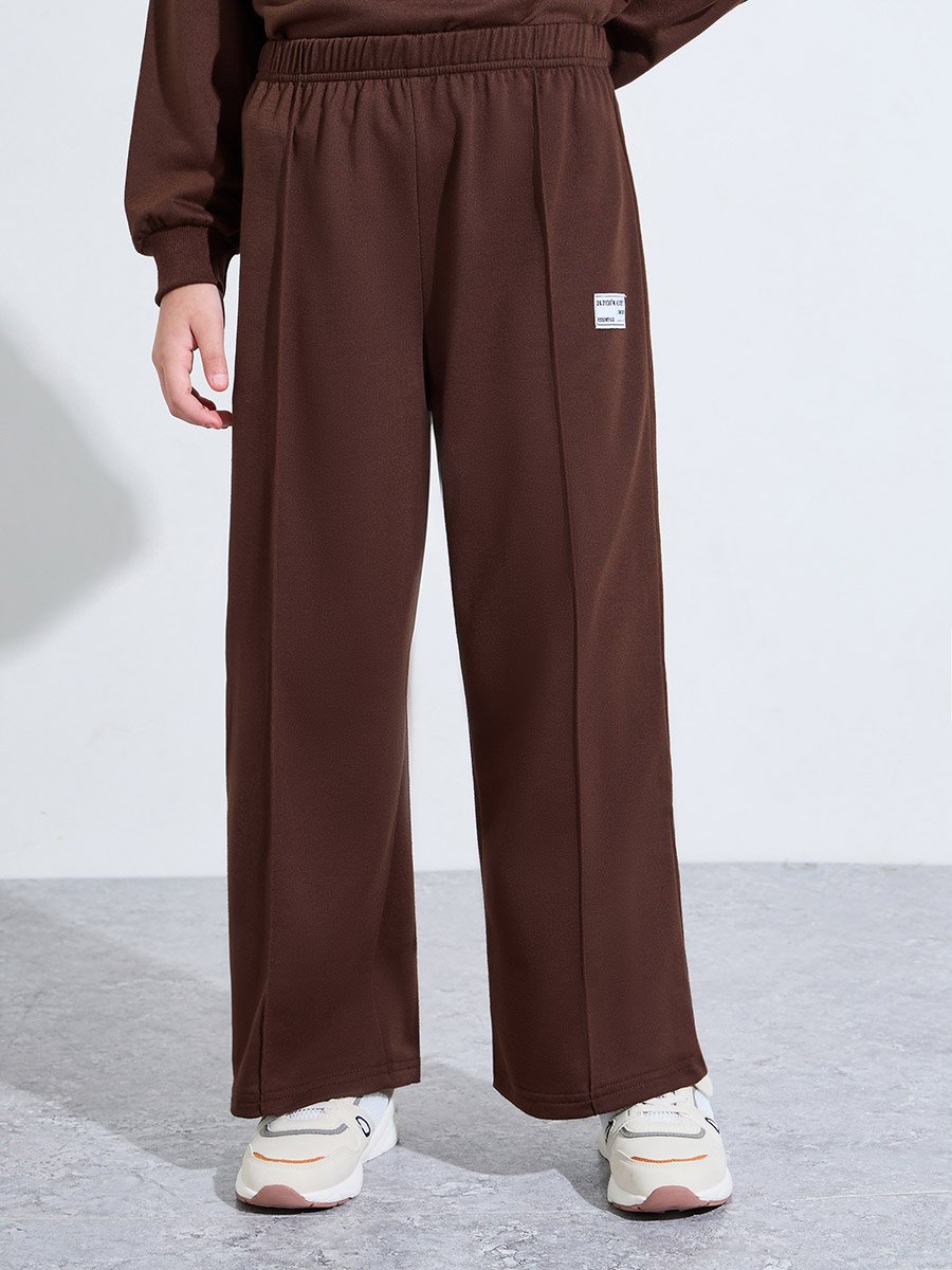 Teen Girls Brown Slogan Print Oversized Sweatshirt and Wide Leg Joggers Set