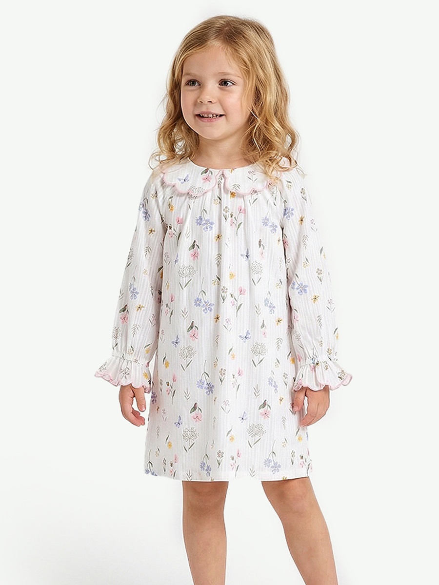Cotton Peter Pan Collar Long Sleeves Night Dress with Floral Print
