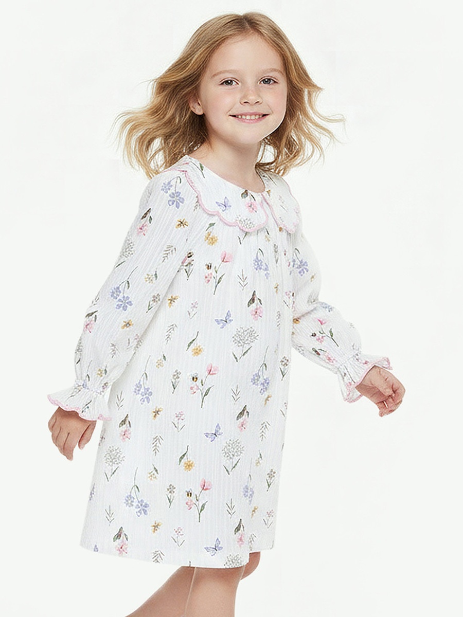 Cotton Peter Pan Collar Long Sleeves Night Dress with Floral Print
