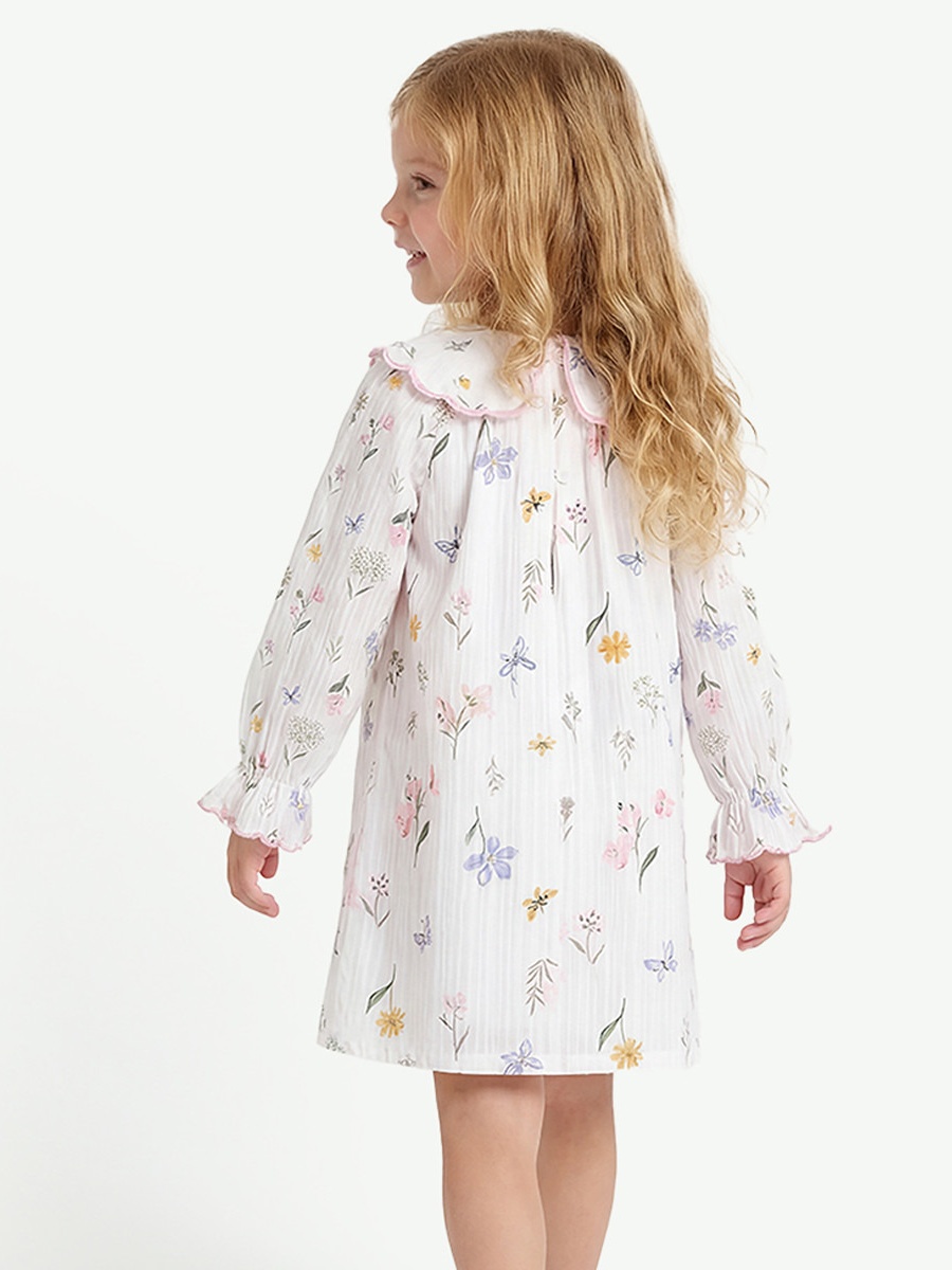 Cotton Peter Pan Collar Long Sleeves Night Dress with Floral Print
