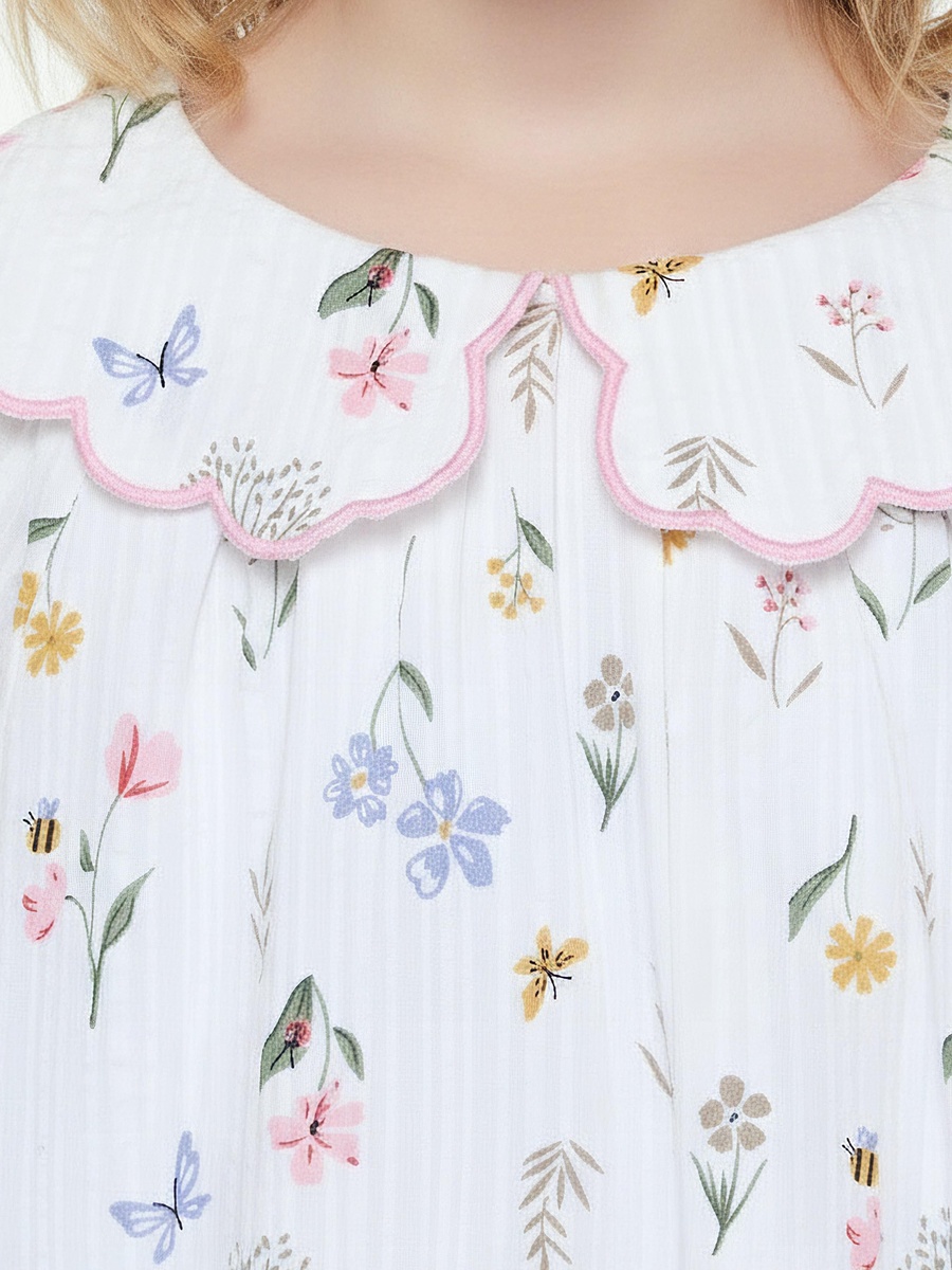 Cotton Peter Pan Collar Long Sleeves Night Dress with Floral Print