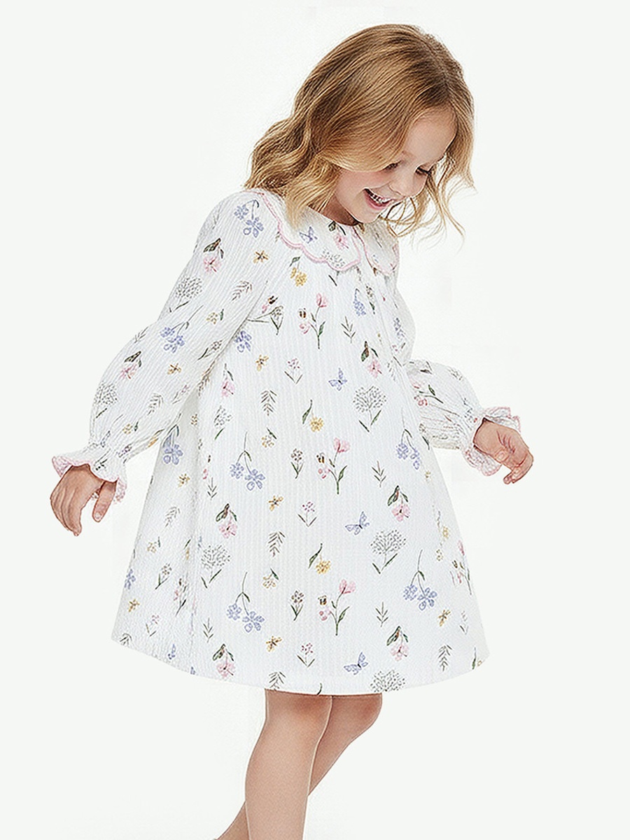 Cotton Peter Pan Collar Long Sleeves Night Dress with Floral Print