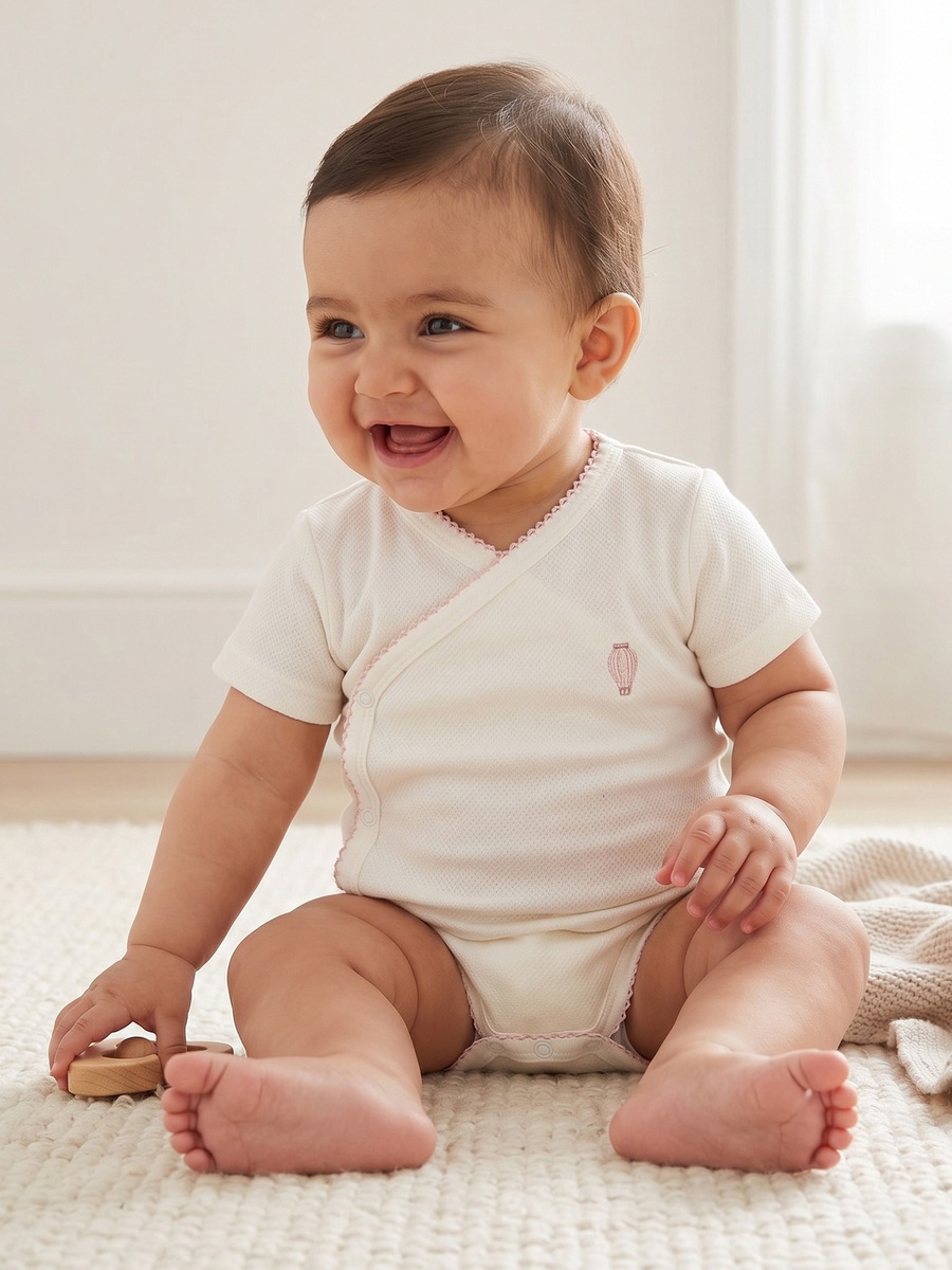Cotton V Neck Short Sleeves Bodysuit with Textured Pattern