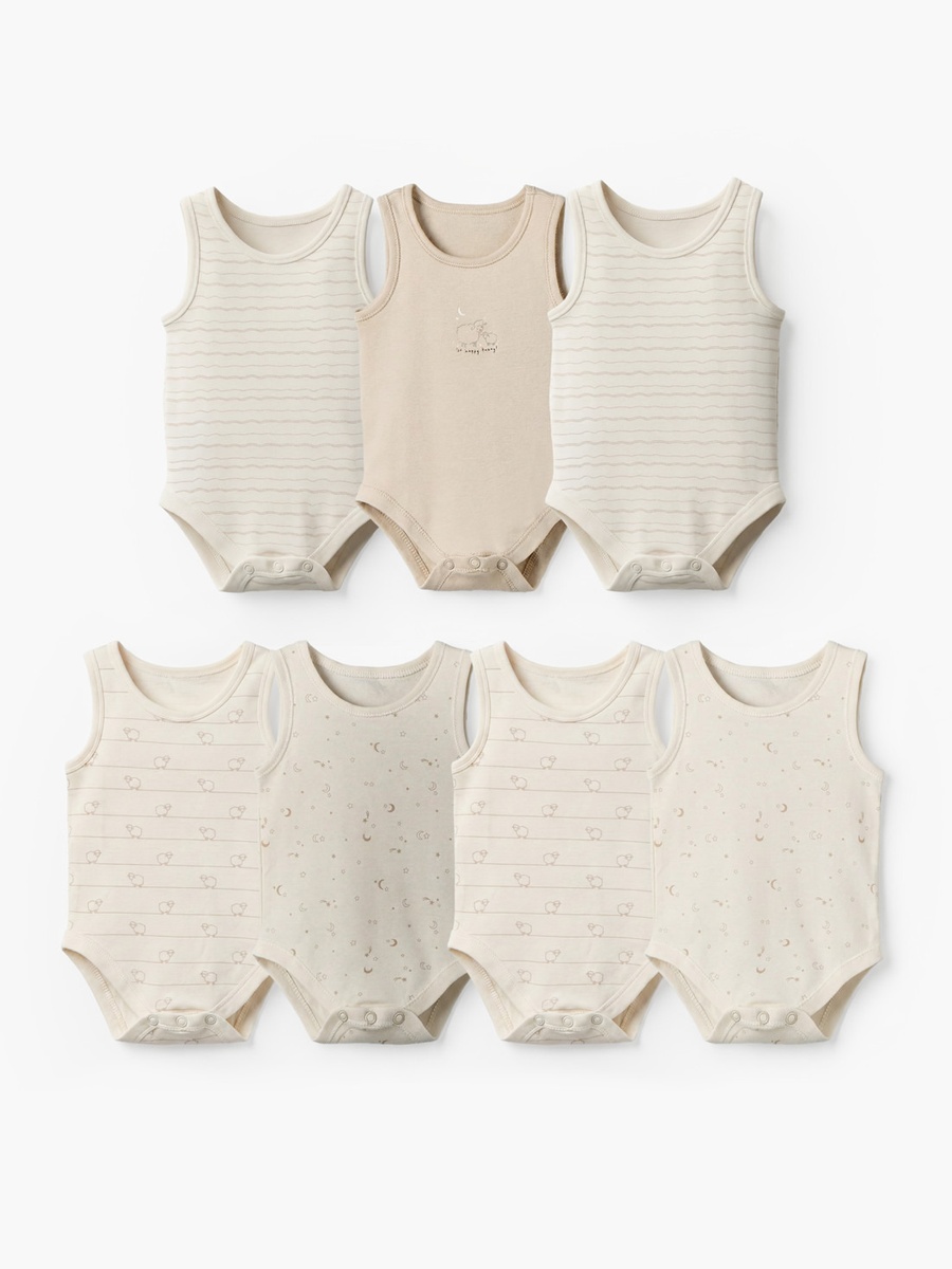 Pack of 7 Cotton Round Neck Sleeveless Bodysuit with Snap Button Closure