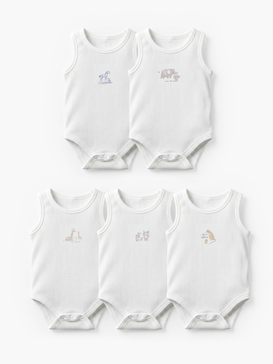 Pack of 5 Crew Neck Sleeveless Bodysuit with Safari Print