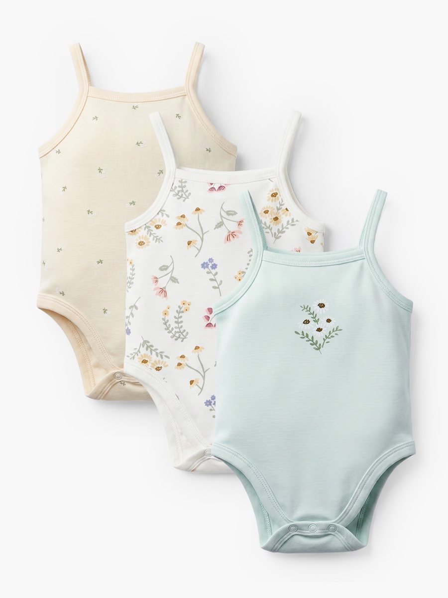 Pack of 3 Cotton Strappy Bodysuit with Floral Print