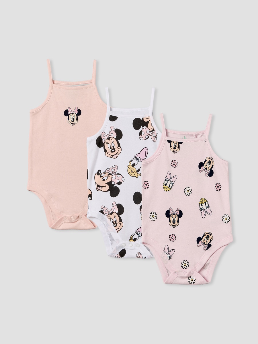 Pack of 3 Cotton Square Neck Sleeveless Bodysuit with Minnie Mouse and Daisy Duck Print