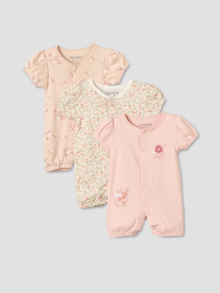 Pack of 3 Round Neck Short Sleeves Romper with Floral Print