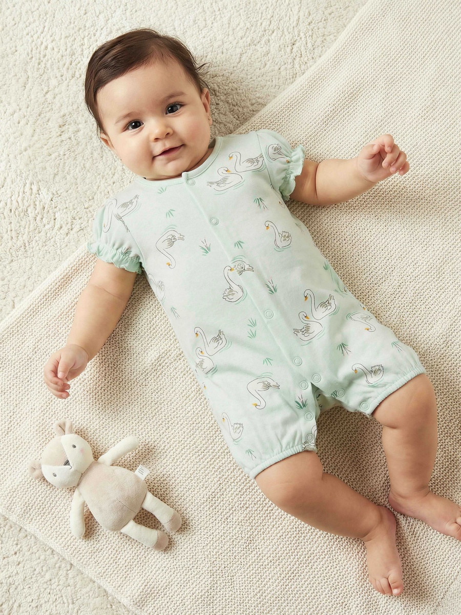 Round Neck Short Sleeves Romper with Swan Print