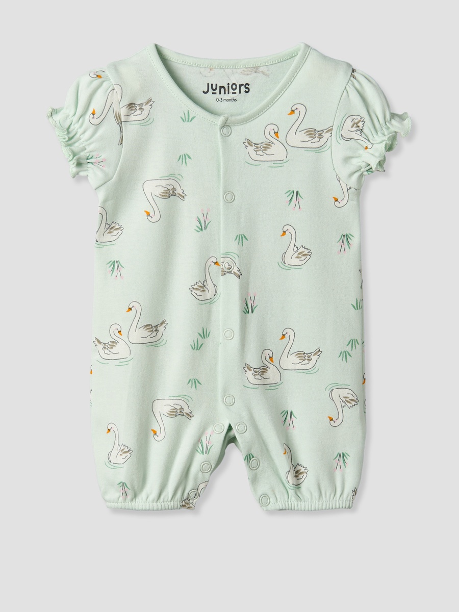Round Neck Short Sleeves Romper with Swan Print