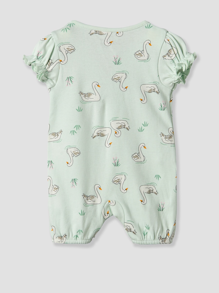 Round Neck Short Sleeves Romper with Swan Print