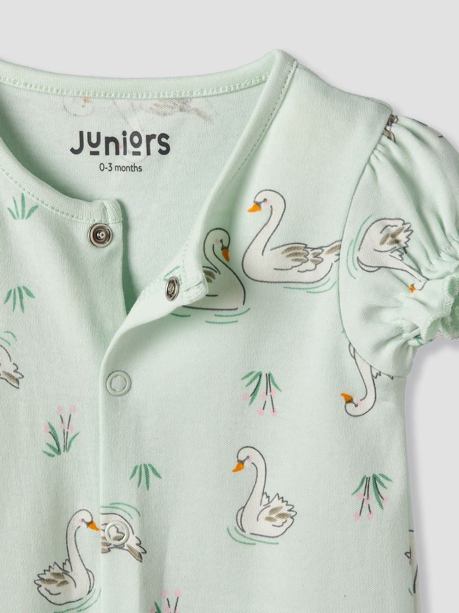 Round Neck Short Sleeves Romper with Swan Print